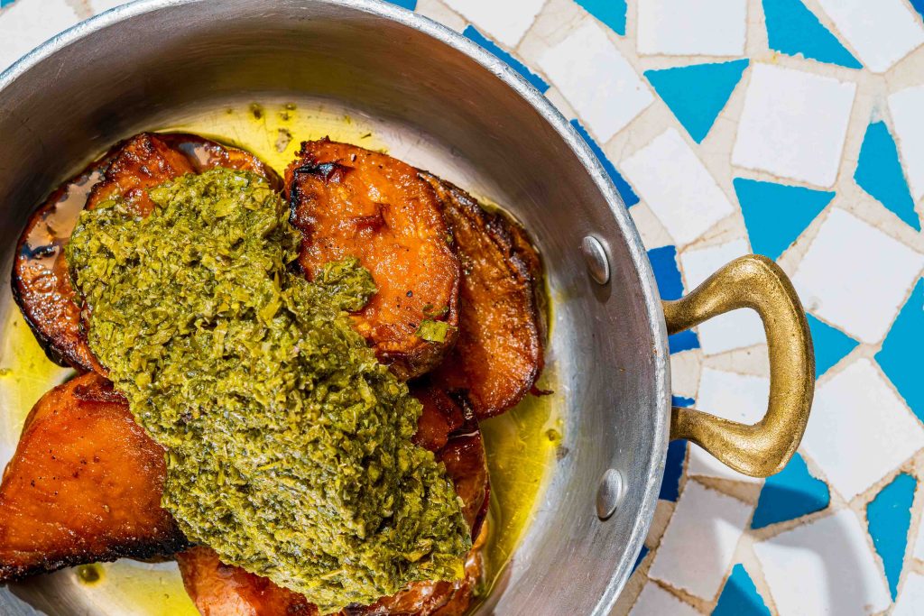 Roasted Sweet Potatoes by Aragma with basil sala verde